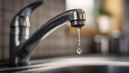 Close-up of a chrome faucet with a single water drop suspended, reflecting light.