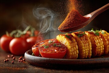 Seasoned Corn and Tomato Dish with Spice and Herbs as Focus