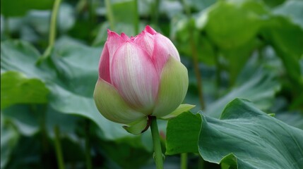 A stunning lotus flower with pink and white petals emerges from calm water, surrounded by vibrant green leaves in a serene setting, illuminated by soft daylight.