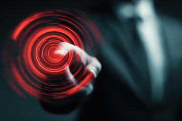Close-up of a finger touching a glowing red circular digital interface with motion blur