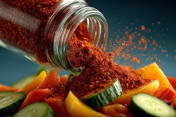 Colorful Vegetables with Spices Falling from Glass Jar