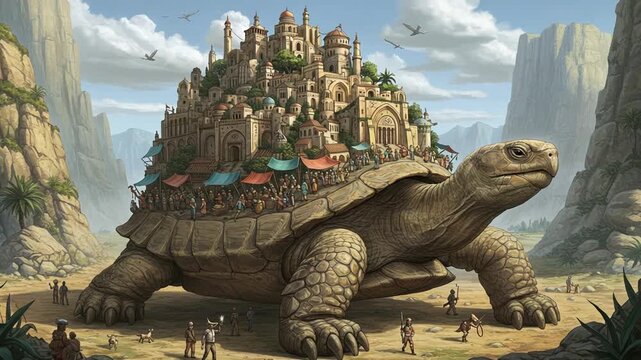 Giant tortoise carries a bustling city on its back