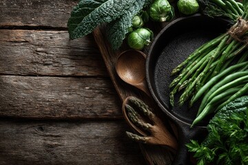 Fresh Green Vegetables on Rustic Wooden Tabletop Background