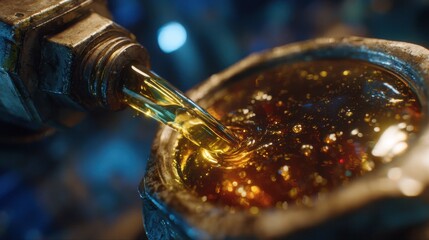 Close-up View of Oil Pouring into Container with Bubbles Shining Brightly
