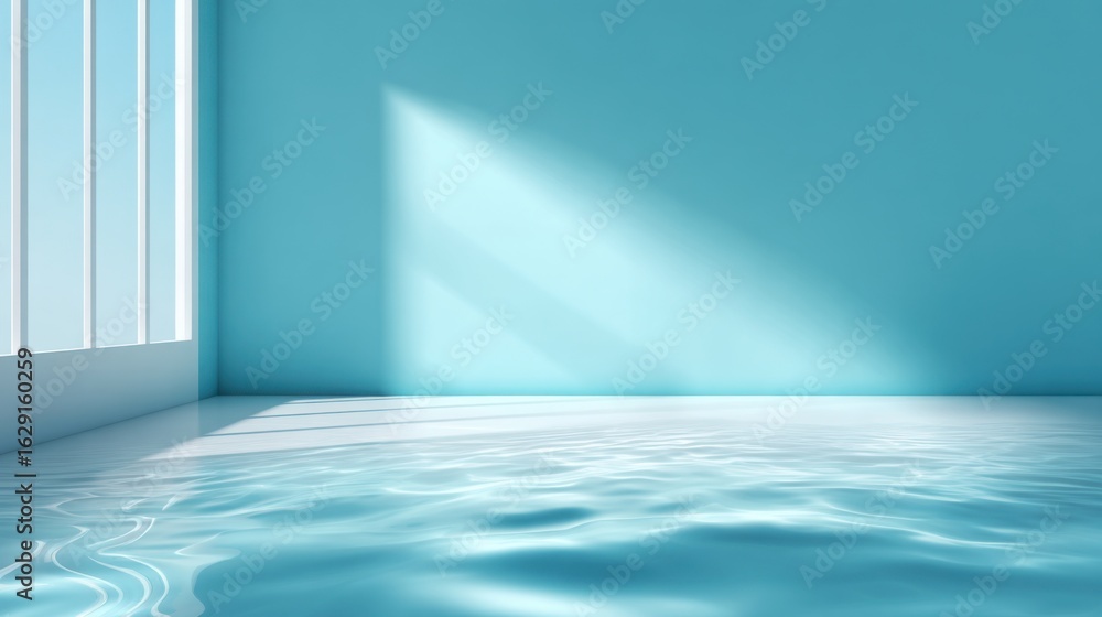 Poster sunlight streams through slatted windows, casting shadows on the softly rippling water in a tranquil