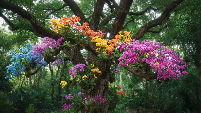 Vibrant Orchid Tree in Lush Garden with Colorful Blooms