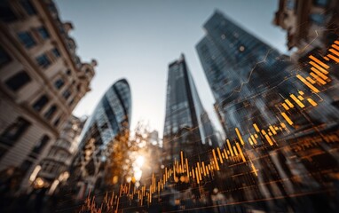 City skyline overlaid with financial data