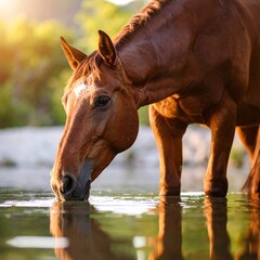 Horse drinking from a river at sunset