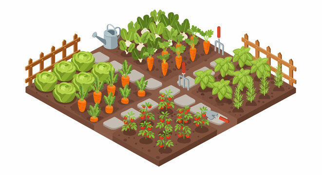 Isometric illustration of a vibrant home vegetable garden with fresh produce like carrots, cabbage, tomatoes, and herbs. Ideal for healthy lifestyle and farming concepts.