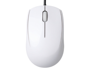  White Wired Computer Mouse with Scroll Wheel, Top-Down View, isolated on transparent background PNG