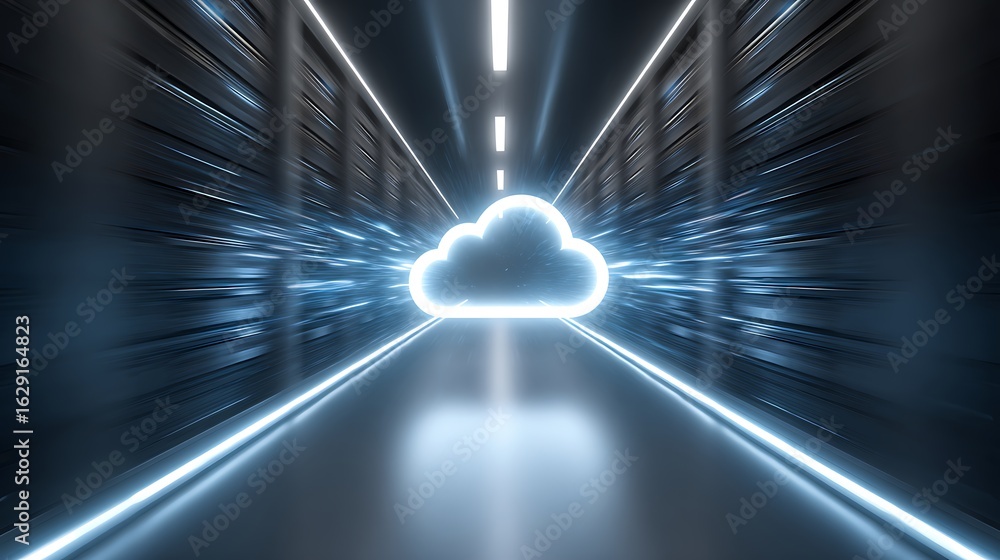 Poster cloud computing concept with glowing server room data flow