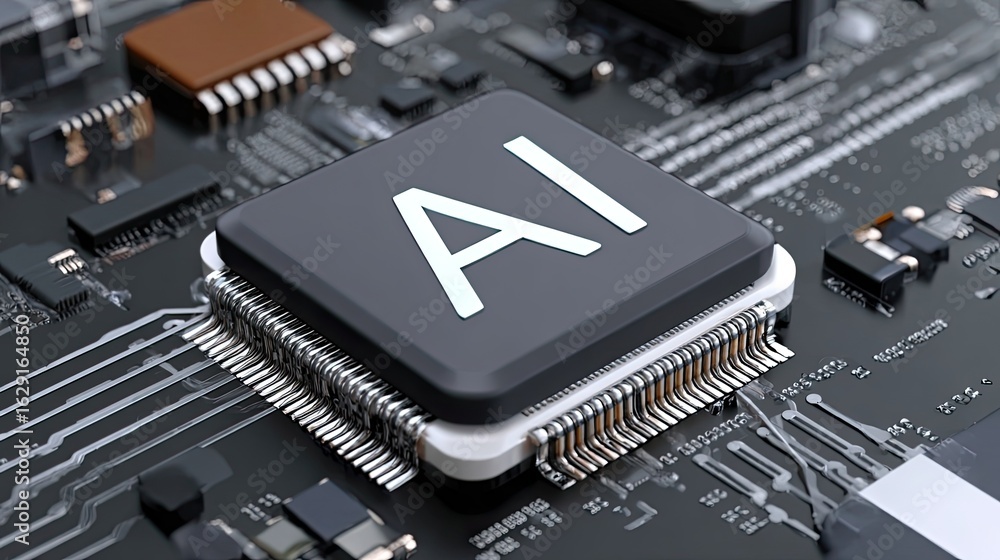 Poster ai chip: high-angle, close-up shot of a sophisticated ai chip integrated within an intricate circuit