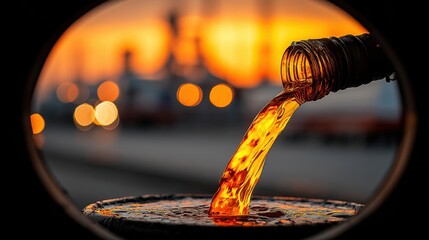 Liquid Flowing from a Jug with Sunset Background and Blurred Lights