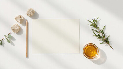 Top View of Blank Card, Pencil, and Natural Elements with Sunlight Shadows paper