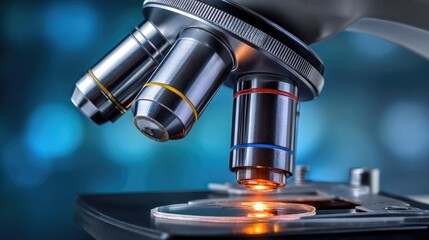 Fototapeta premium Close-up Microscope: An elegant close-up shot of a modern microscope, perfect for medical, scientific, and research endeavors.