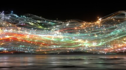 Abstract, colorful, glowing lines and particles against dark background, reflecting on a surface