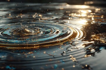 Close-up of Water Droplet Splashing on Surface with Sunlight Reflection