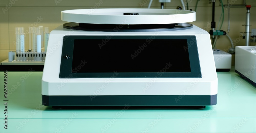 Poster laboratory equipment sits upon counter. white device features circular top, display screen. backgrou