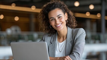 Cheerful Professional at Desk: A professional woman, beaming with a warm smile, is seated at a desk, utilizing a laptop