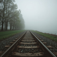 Fototapeta premium Train tracks vanishing into a misty landscape with bare trees and water Keywords: train tracks, railway, fog, mist, weather, transportation