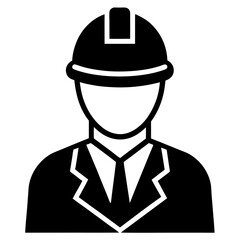 Stylized black silhouette icon of a professional person wearing a hard hat and suit with tie