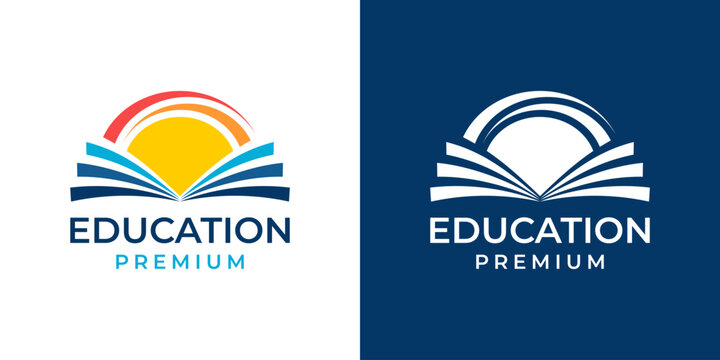 Open Book Logo Design Vector Template. Book Education Creative Logo with Sun Icon Symbol Design Template Vector. Logo Design Template of Book, Education, Hat, Sun. 1.eps