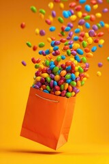 Colorful candies overflowing from an orange paper bag against a matching backdrop