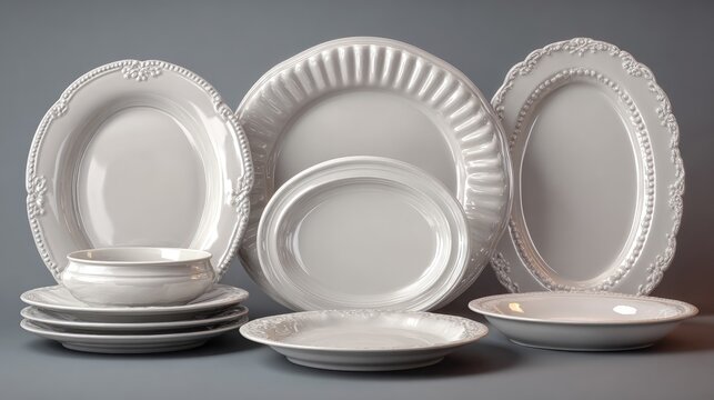 Elegant white ceramic dinnerware set displayed against a neutral backdrop