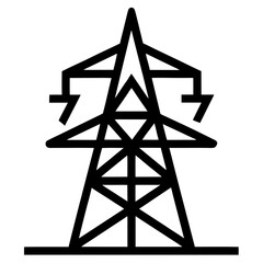Simple black outline icon of a tall electricity pylon supporting power lines against a white background