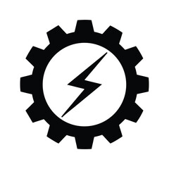Gear and energy bolt vector icon in bold black silhouette, ideal for technology, mechanics, and energy industries.