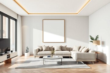 Bright modern living room with large sectional sofa and empty picture frame