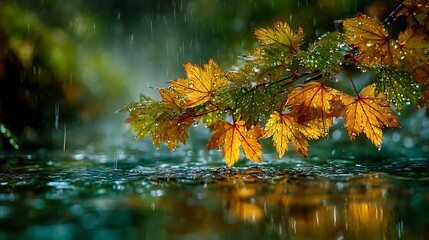Autumn leaves glistening with raindrops on a branch over a reflective water surface scene in nature