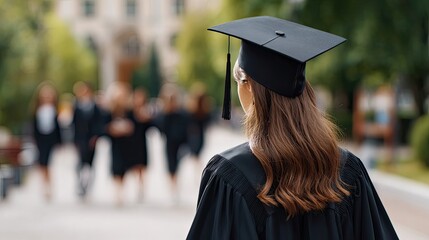 Graduation: A moment of triumph and new beginnings is captured as a graduate in cap and gown gazes towards the future, other graduates in the background.