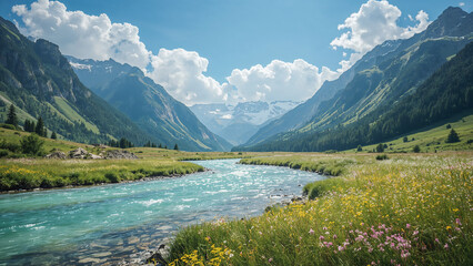 Turquoise river flowing through a green alpine valley with snow-capped mountains