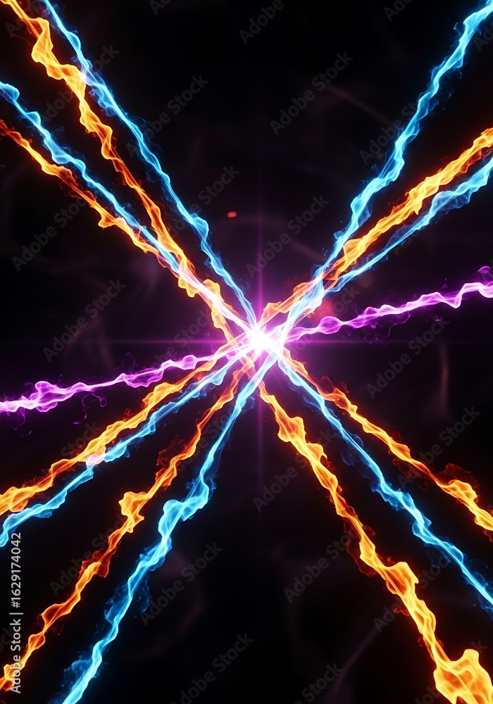 Poster dynamic energy trails emanating from a central point creating an abstract cross pattern