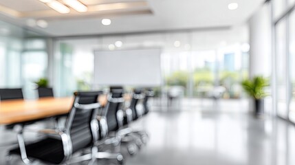 Fototapeta premium Modern Conference Room: A blurred image captures a bright, modern conference room, inviting a sense of collaborative potential. The clean lines, minimalist design.