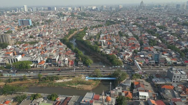 Busy Highway Cuts Through Tebet Suburb Jakarta Indonesia Drone Track In 4K 60FPS