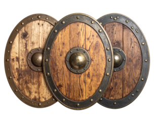 An - Artistic Painted Shield Trio with Rustic Texture, Symbolizing Safety, Top-Down View, Isolated on Transparent Background.