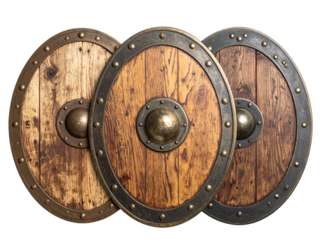 An - Artistic Painted Shield Trio with Rustic Texture, Symbolizing Safety, Top-Down View, Isolated on Transparent Background.