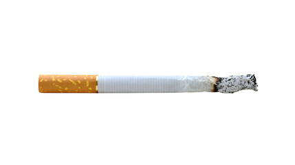 Burning cigarette with ash, a symbol of addiction and unhealthy habit on transparent background