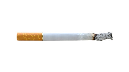 Burning cigarette with ash, a symbol of addiction and unhealthy habit on transparent background
