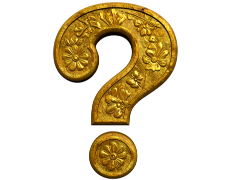  3D Decorative Gold Question Mark with Floral Engraving, Isolated on Transparent Background PNG