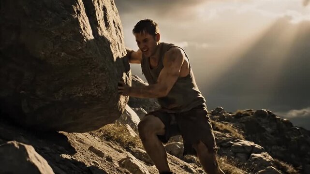 Strong man pushing massive boulder uphill on rocky mountain slope under dramatic sunlight
