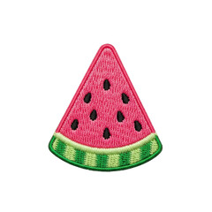 A bright pink embroidered patch featuring a triangular watermelon slice with black seeds and a green striped rind. Ideal for apparel, bags, or crafts.