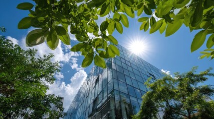 Eco-conscious skyscraper bathed in sunlight, surrounded by lush green foliage, embodying sustainable architecture and environmental consciousness.