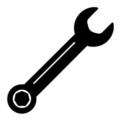 A simple black silhouette of a combination wrench with an open end and a box end against a white background