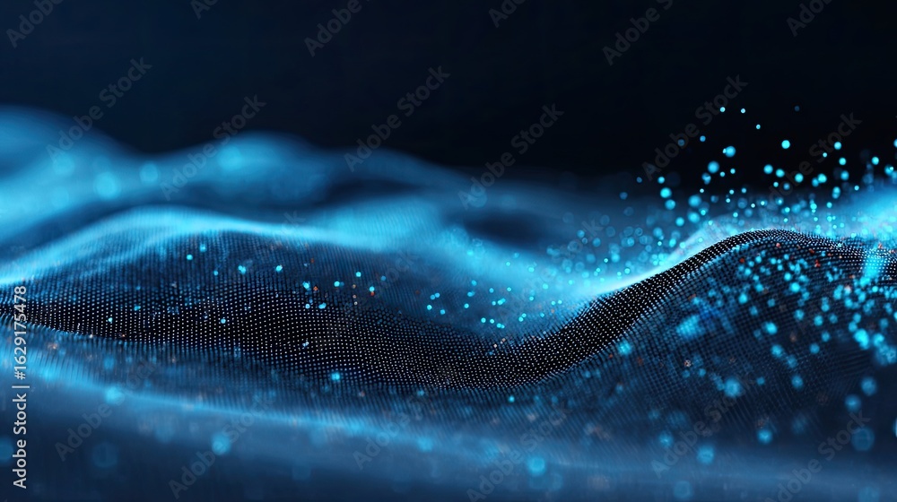 Poster abstract cybernetic waves: a mesmerizing display of glowing, interconnected particles forming undula