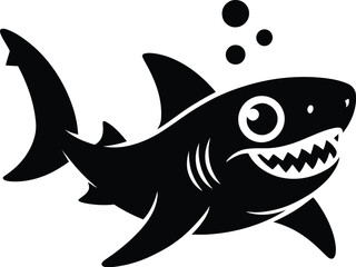 Fototapeta premium Black shark with sharp teeth and bubbles white ocean