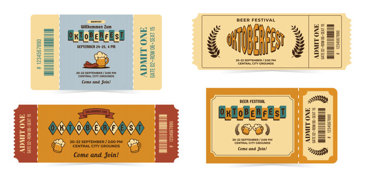 Oktoberfest entrance tickets set in mid century style. Vintage vector illustration isolated on white background for event, beer festival, party and more, retro colors