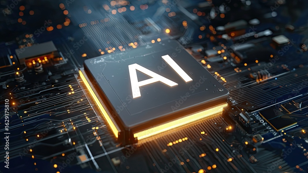 Poster ai chip: an illuminated close-up of a cutting-edge ai chip, the core of modern technology, nestled w